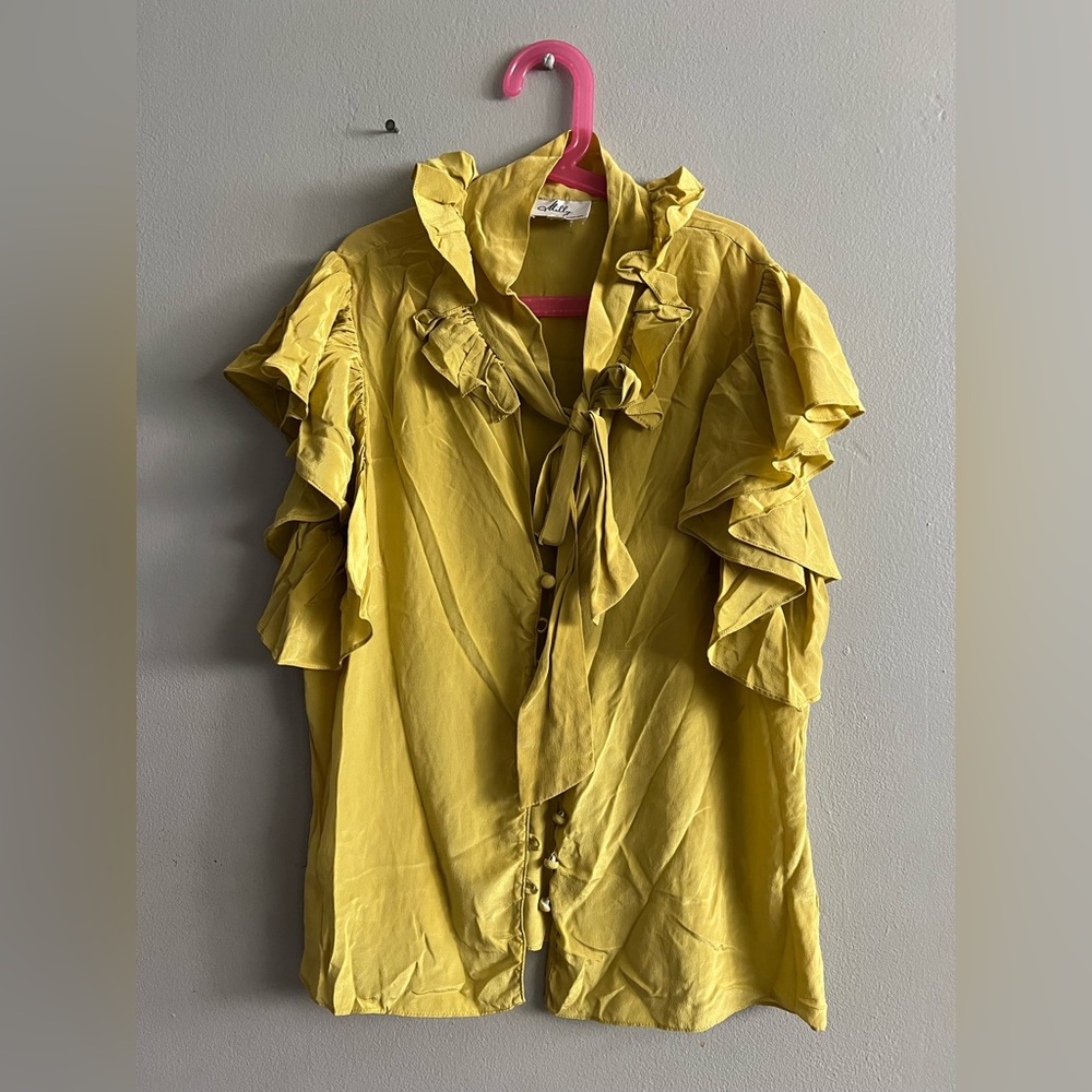 MILLY Mustard Yellow Silk Ruffle Sleeve Feminine Peasant Cottage Blouse Top 10